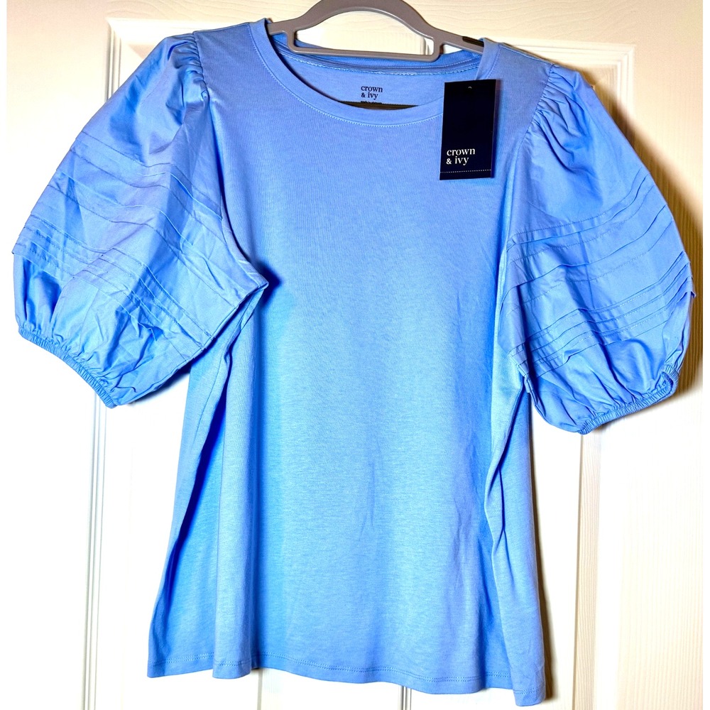 Crown & Ivy Light Blue Women's Balloon Sleeve Large Fashionable Pullover Shirt